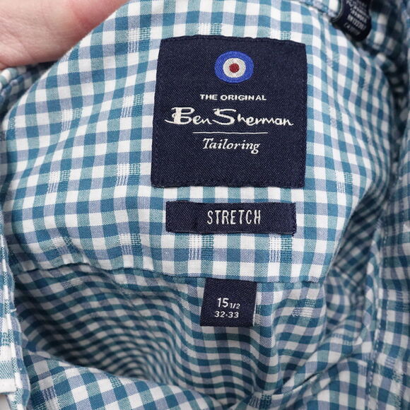 BEN SHERMAN TAILORING STRETCH GREEN GINGHAM CHECK BUTTON DRESS SHIRT 15.5 32/33 - Picture 6 of 7